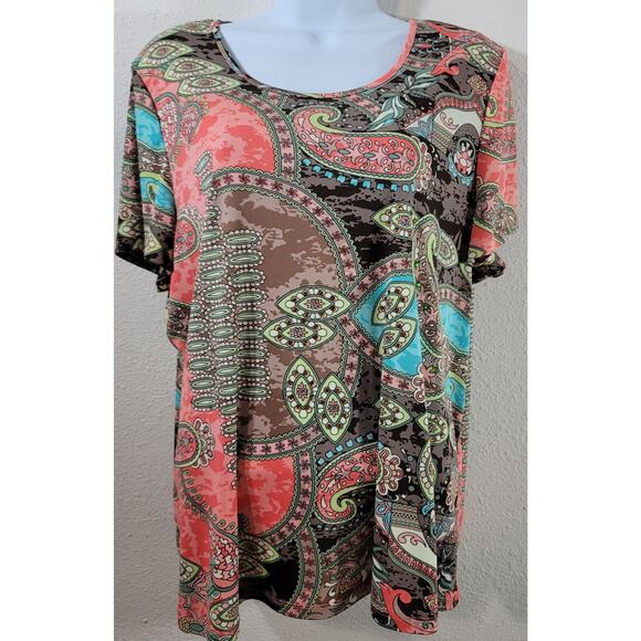 TanJay Orange Pink Brown Paisley Print Rhinestone Top Large Lightweight Soft - Picture 1 of 6